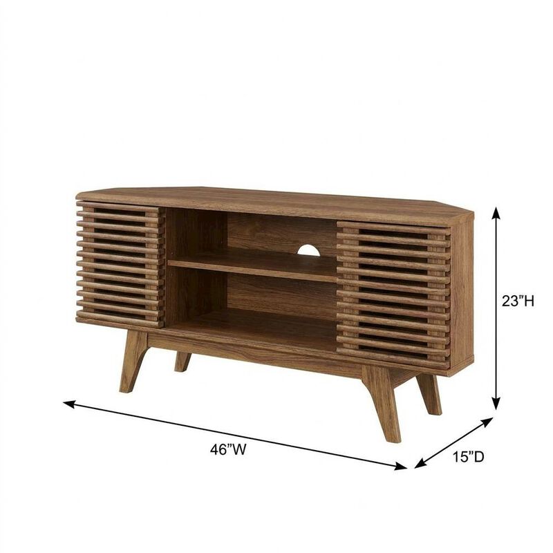 Brown wooden 46-inch corner TV stand with open shelving and versatile design image number 2