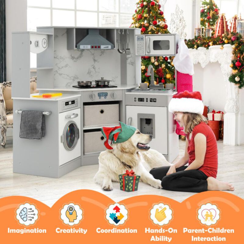 Hivvago Wooden Kids Play Kitchen Playset with Realistic Lights and Sounds