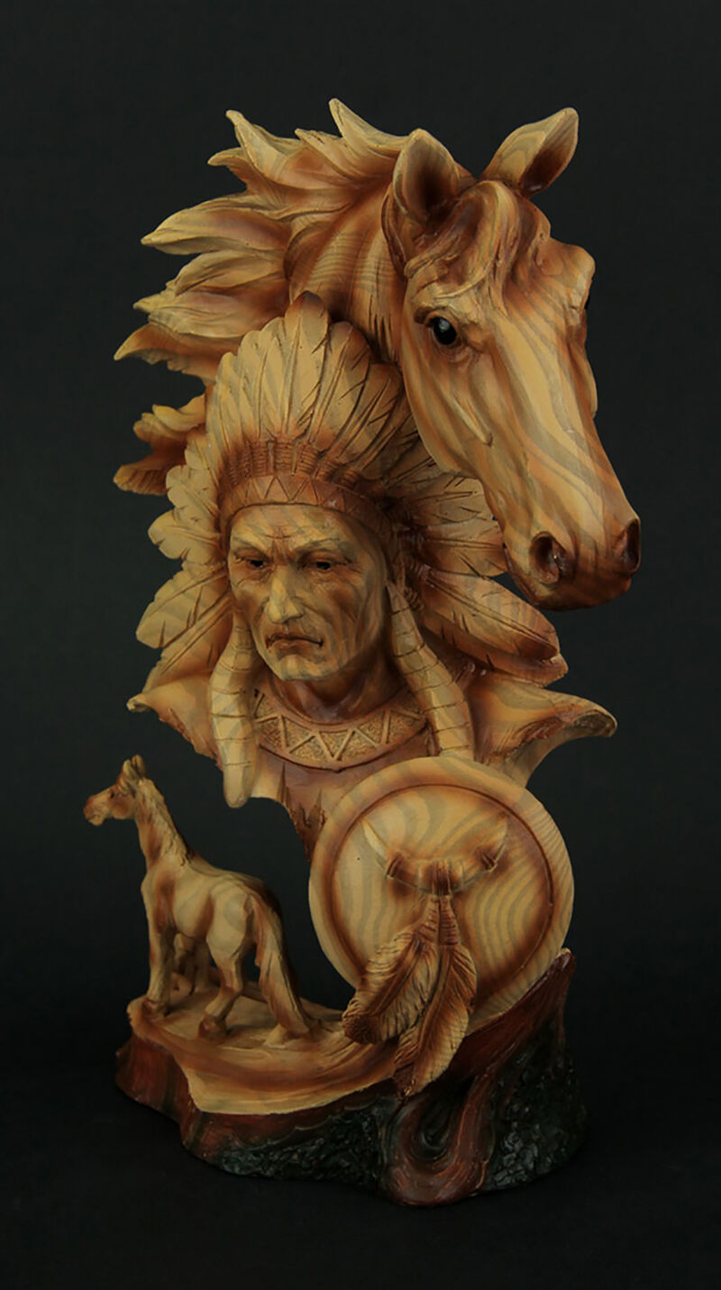 Western Horse and Native American Chief Carved Wood Look Bust Statue image number 1