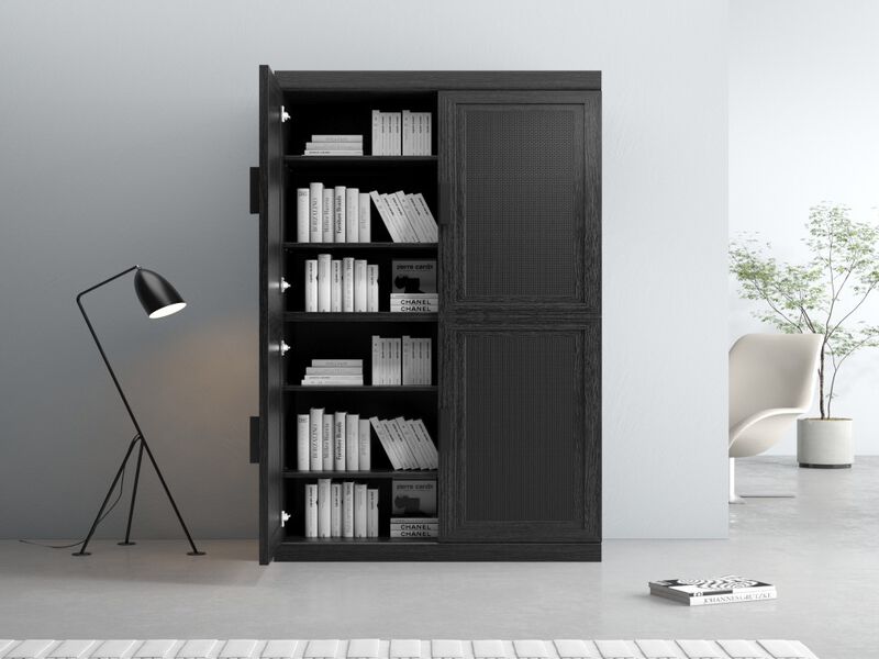 62’’ Black Wood Grain 6-Story Decorative Storage Cabinet with Wicker Door