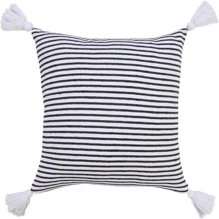 HomeRoots 20" Black And White Striped Cotton Throw Pillow Cover with Tassels