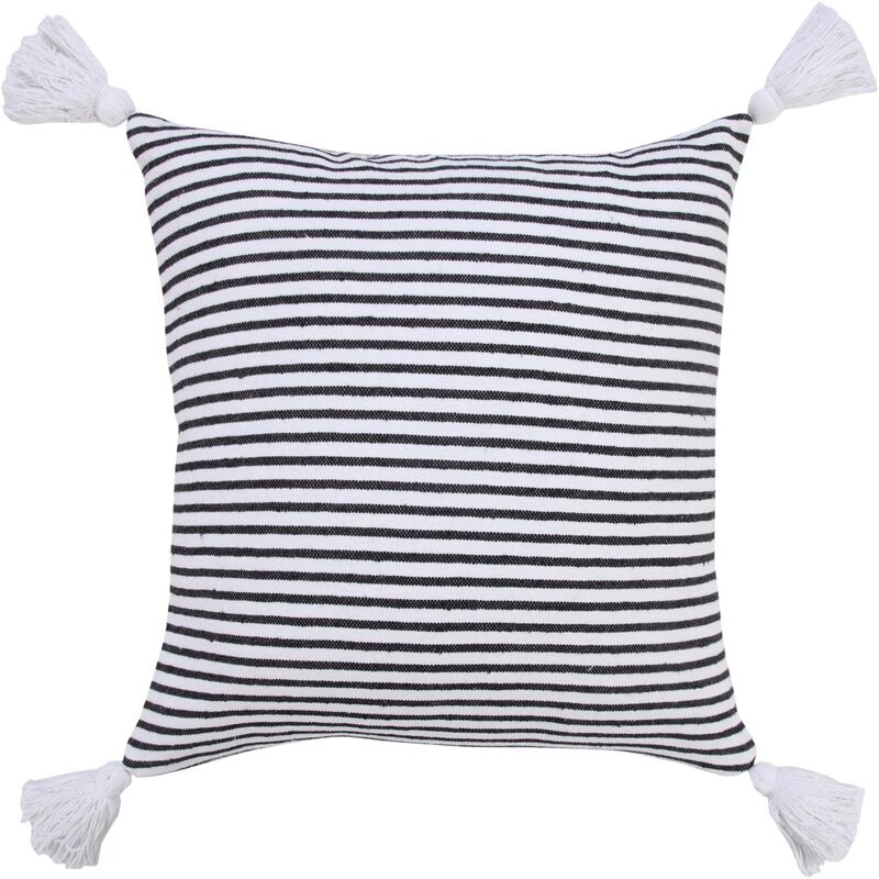 HomeRoots 20" Black And White Striped Cotton Throw Pillow Cover with Tassels image number 0