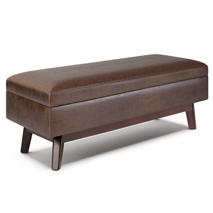 Owen 48 inch Wide Mid Century Modern Rectangle Rectangular Storage Ottoman in Distressed Chestnut Brown Vegan Faux Leather, Assembled