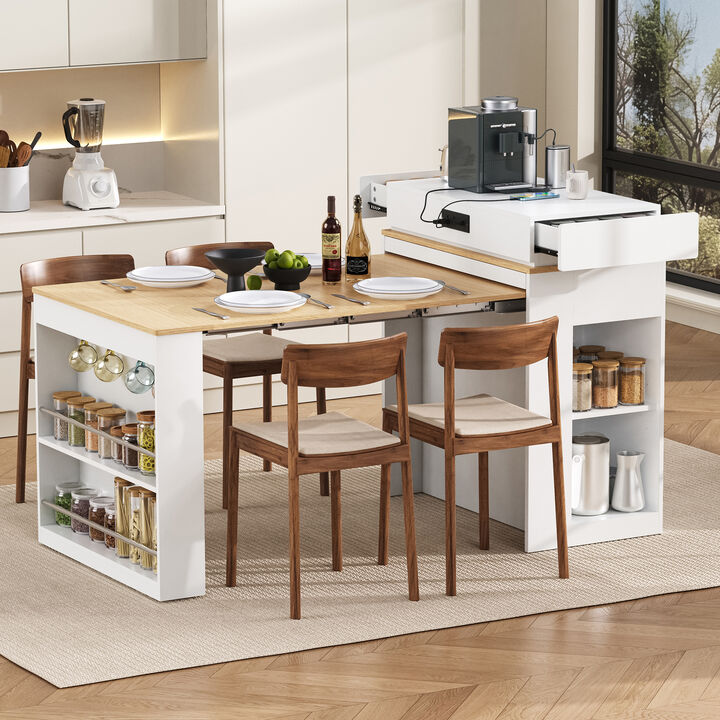 Whisen Extendable Dining Table 57.7"x32.7", Glass & MDF, w/Drawers, Power Outlet, Kitchen Island on Wheels