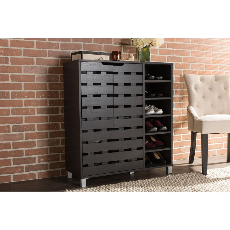Baxton Studio Shirley Modern and Contemporary Dark Brown Wood 2-Door Shoe Cabinet with Open Shelves