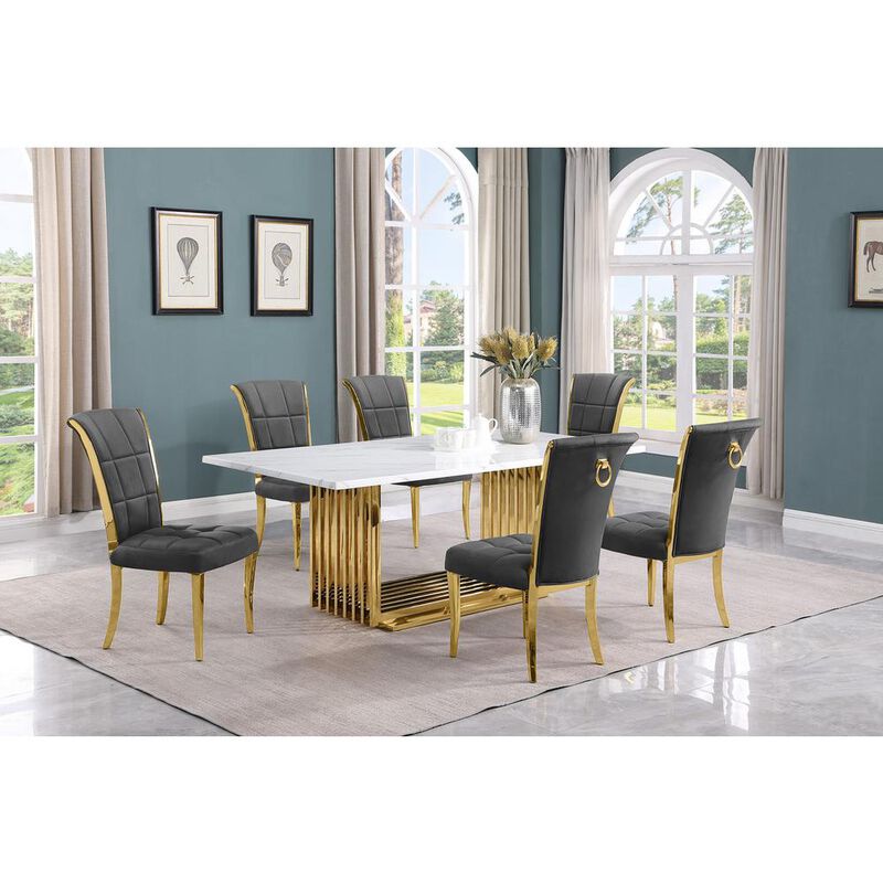 7pc Small(79") marble top dining set with gold base and 6 Dark grey side chairs