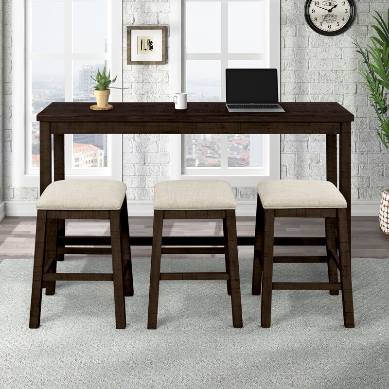 4 Pieces Counter Height Table with Fabric Padded Stools, Rustic Bar Dining Set