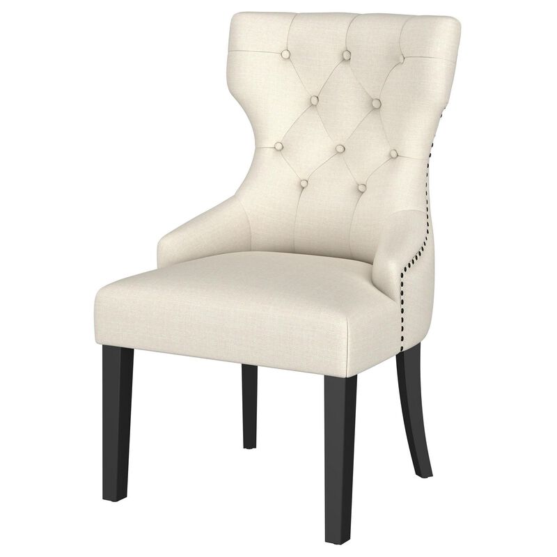 Aney Dining Side Chair, Curved Barrel Design, Beige Fabric, Black Wood - Benzara