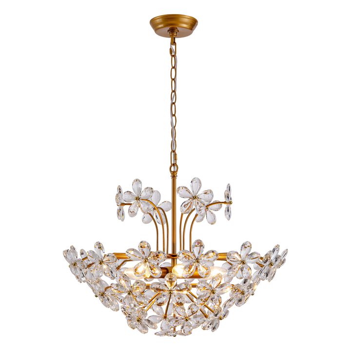 Rosa Modern 6-Light Daisy Glam Clear Crystals Large Size Chandelier - Medium‑gloss Brushed Brass Finish