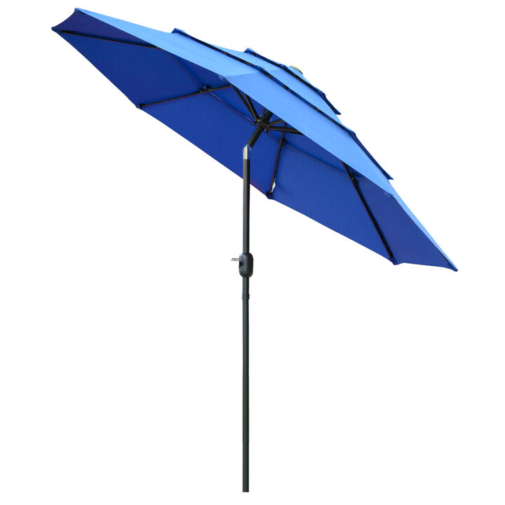 Outsunny 9FT 3 Tiers Patio Umbrella Outdoor Market Umbrella with Crank, Push Button Tilt for Deck, Backyard and Lawn, Dark Blue