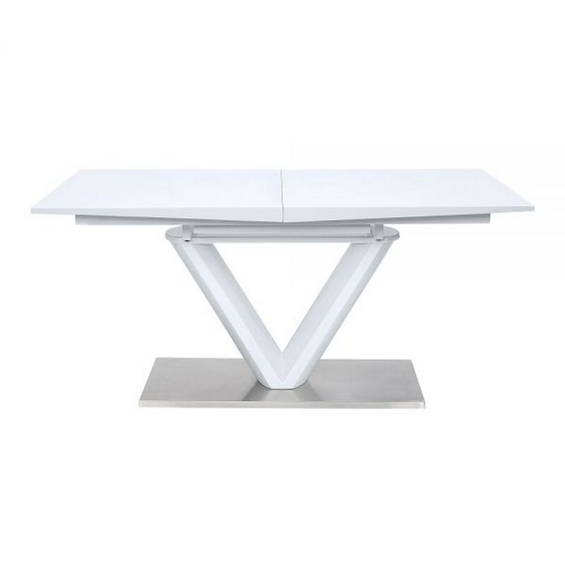 63-86 Inch Dining Table, Butterfly Extension Leaf, V-Shaped Base, White - Benzara