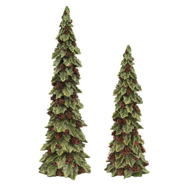 Set of 2 Holly Trees with Pinecone Accents for Seasonal Charm