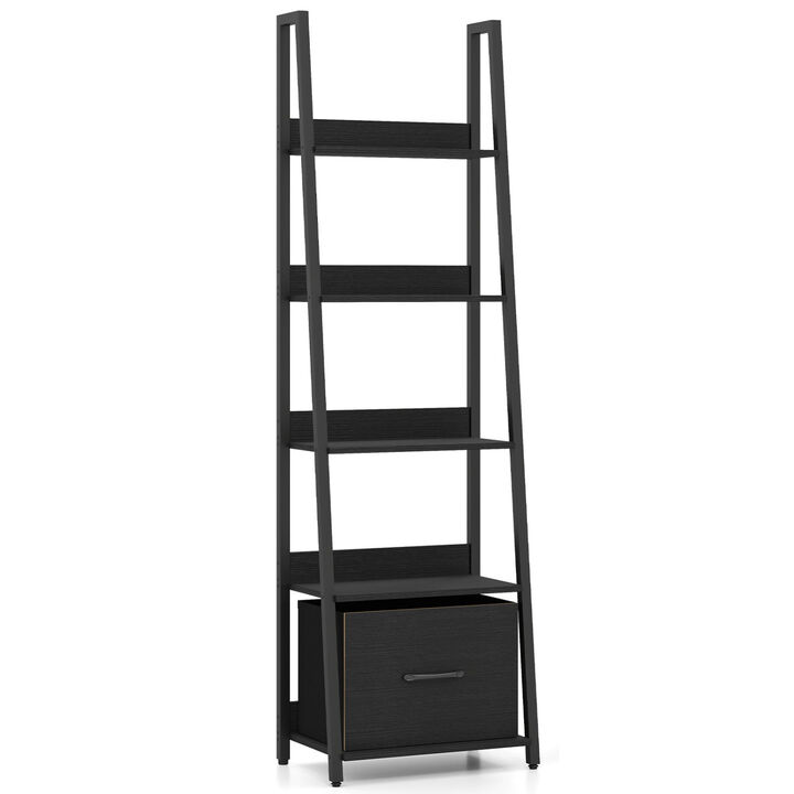 Modern 5-Tier Ladder Bookshelf with Fabric Storage Drawer
