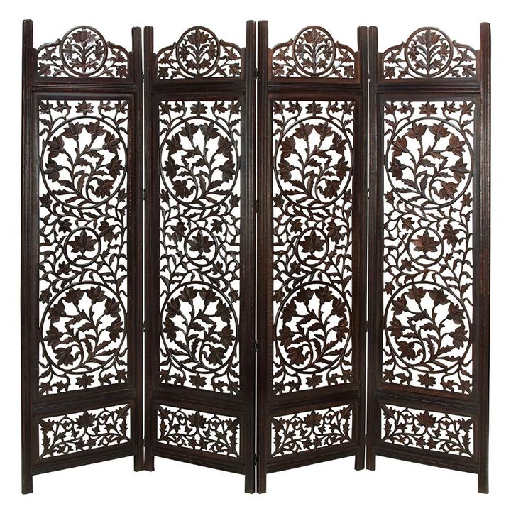 Handcrafted Wooden 4 Panel Room Divider Screen Featuring Lotus Pattern Reversible-Benzara