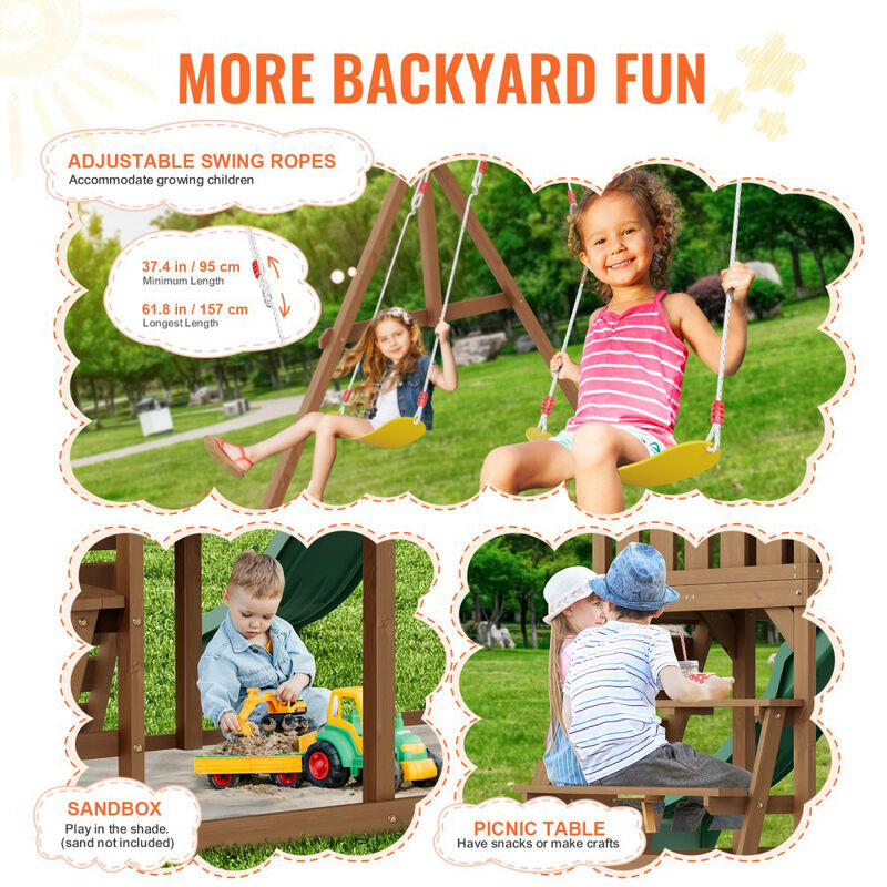 Backyard Wooden Swing Set with Slide and Upper Play Fort for Kids