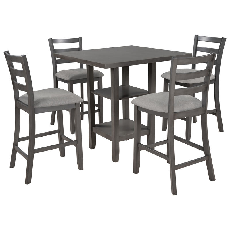 Whisen 5-Piece Wooden Counter Height Dining Set with Padded Chairs and Storage Shelving - Gray