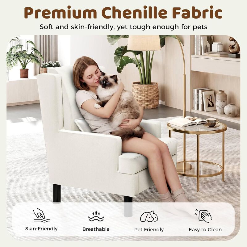 2 Pcs Upholstered Wingback Accent Chair, Modern Reading Armchair for Living Room, Bedroom, White image number 5