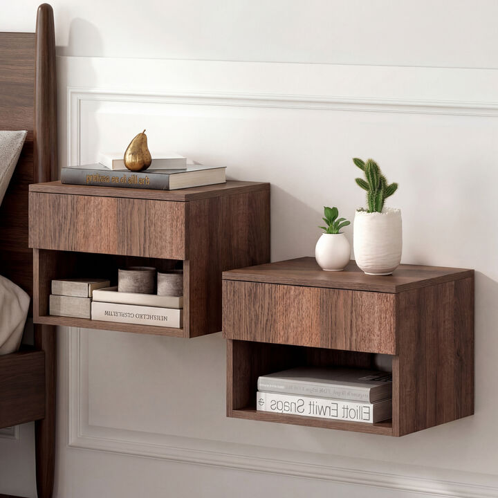 Ettore Mid-Century Modern Floating Wall Mounted Nightstand with Soft-Close Drawer and Cable Hole (Set of 2)