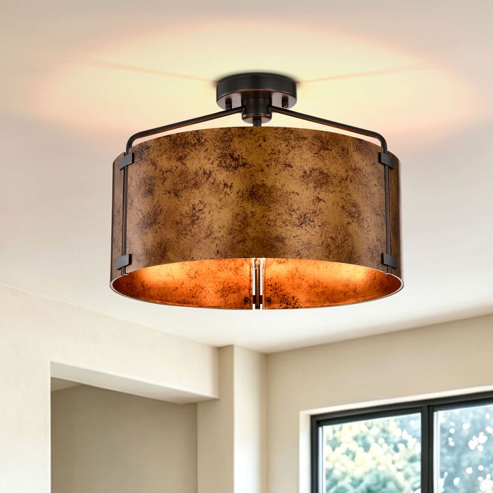 Milka 18" Rustic 3-Light Black and Brown Metal Drum Shade Flush Mount