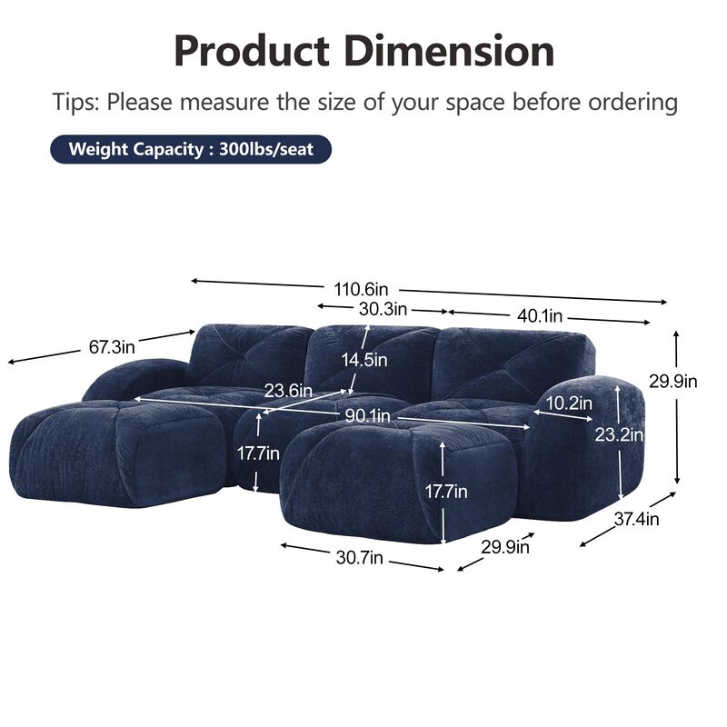 Clihome U-Shaped Boneless Sofa,Tufted Design,32D High Density Sponge,Bottom Anti-Slip Design,Free Combination,Movable Ottoman For Study & Home Theater image number 9