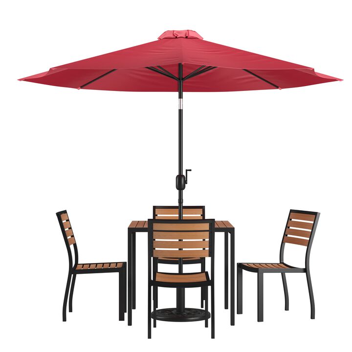 Flash Furniture 7 Piece Patio Table Set - 4 Synthetic Stackable Faux Teak Chairs - 35" Square Faux Teak Table - Tan Umbrella with Base