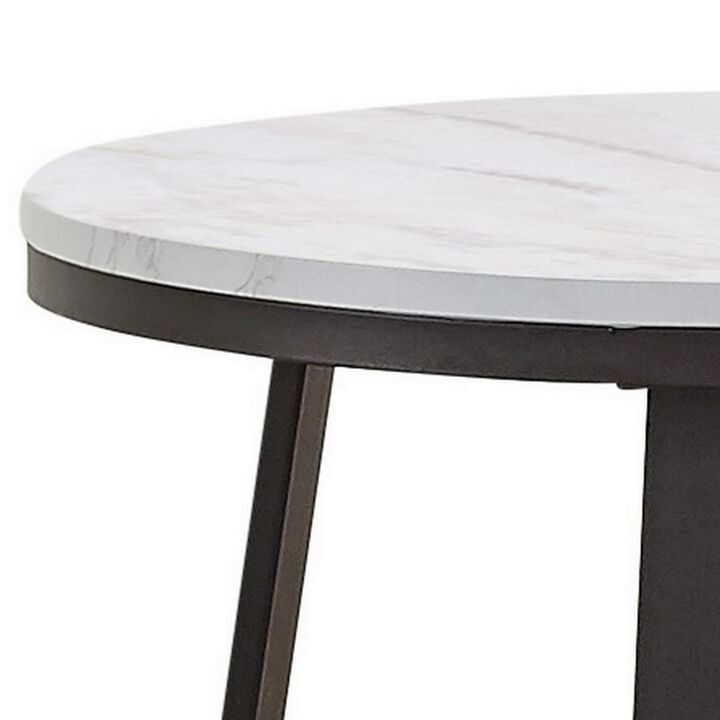 24 Inch End Table, White Faux Marble Round Top, Artisanal Metal Framework