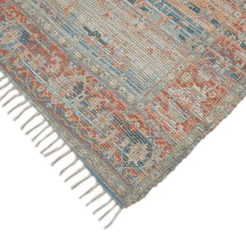 HomeRoots 5' X 7' Blue Brick Red And Ivory Oriental Hand Woven Area Rug With Fringe image number 4