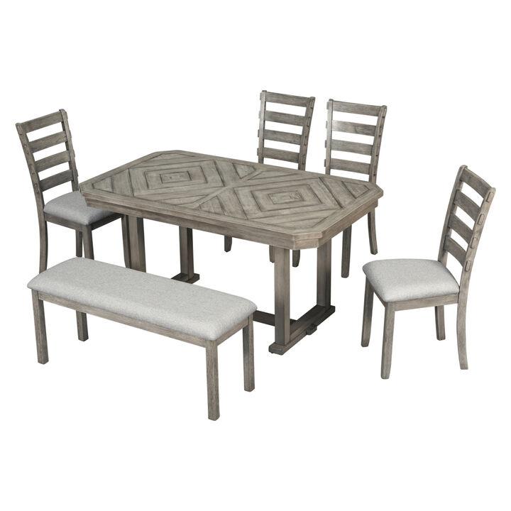 6-Piece Rubber Wood Dining Table Set with Beautiful Wood Grain Pattern Table Top Solid Wood Veneer and Soft Cushion (Gray)