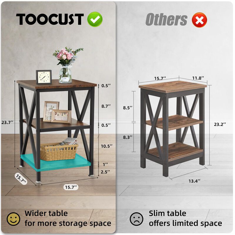 3-Tier Square End Table, Small Side Tables Living Room, Couch End Table Rustic Side Table with Steel Frame 11.8"" D x 15.7"" W x