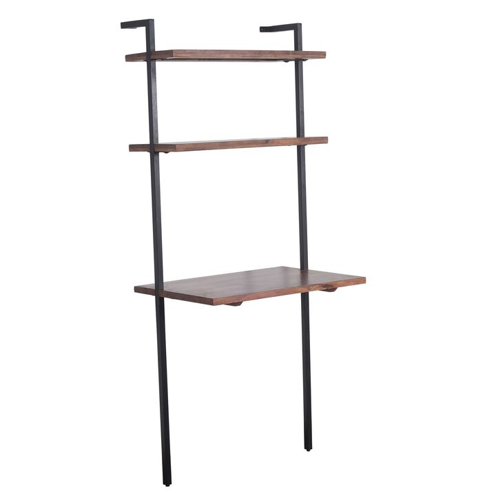 Industrial 3 Tier Mango Wood Ladder Storage Wall Shelf with Tubular Frame, Brown and Black-Benzara