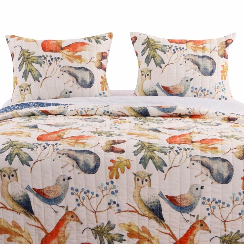 2-Piece Reversible Quilt Set with Birds Animals and Floral Print
