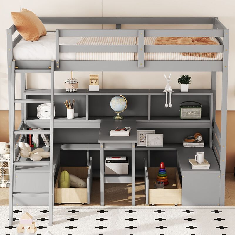 Whisen Twin Loft Bed With Storage Shelves, Drawers, Seat And Desk