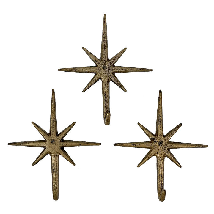Set of 3 Gold Finish Cast Iron 8-Pointed Atomic Starburst Wall Hooks - Mid-Century Modern Elegance - Easy Install - Perfect for Vintage and Eclectic Decor