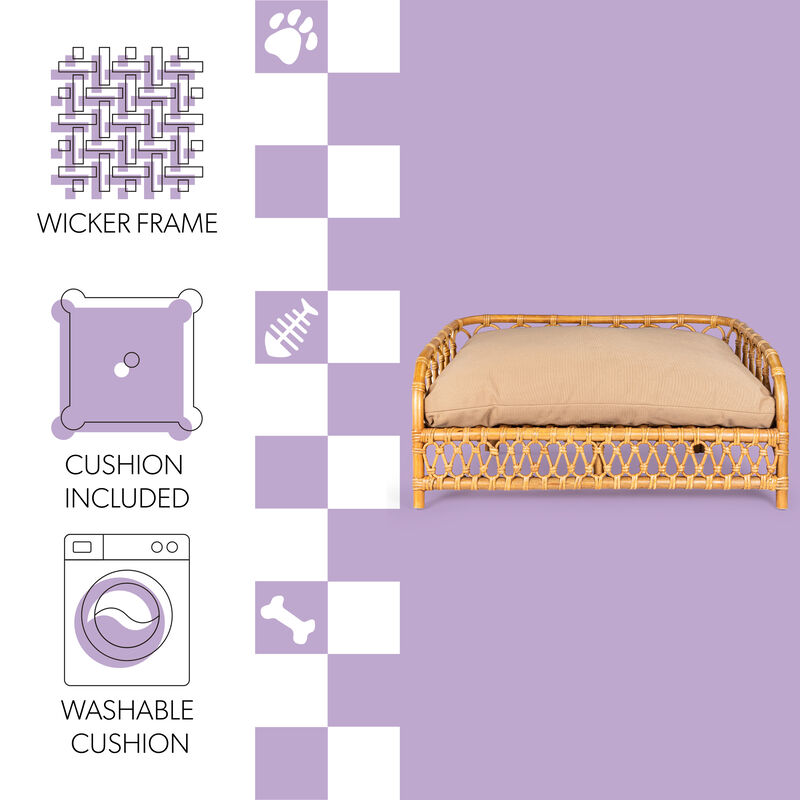 Elevated 27.5" x 17" Bohemian Handwoven Rattan Dog Daybed with Machine-Washable Cushion, Natural