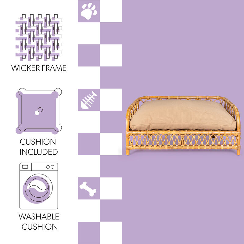 Elevated Bohemian Handwoven Rattan Dog Daybed with Machine-Washable Cushion