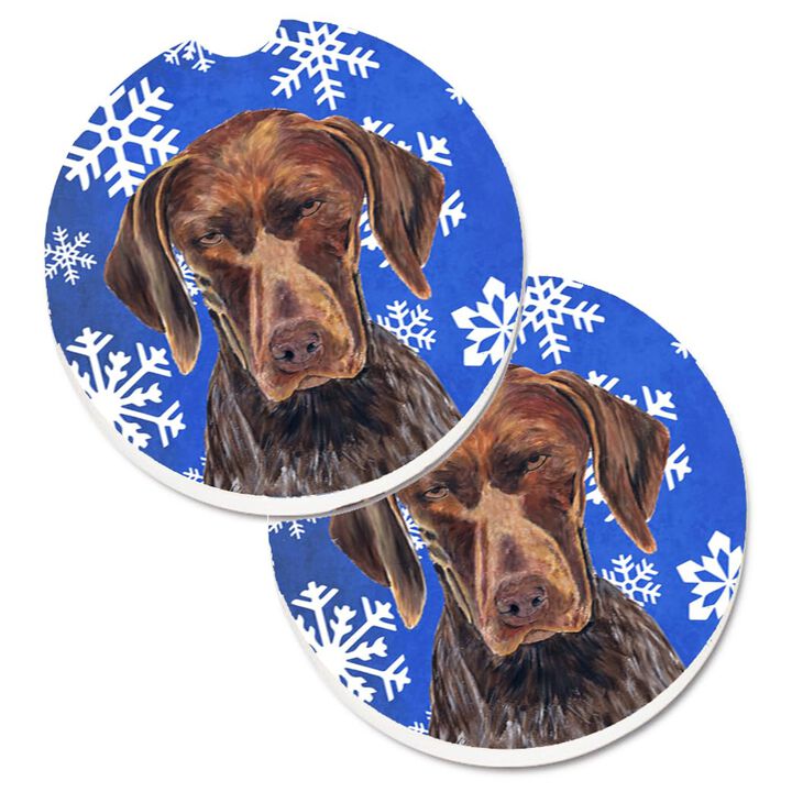 Caroline's Treasures German Shorthaired Pointer Winter Snowflakes Holiday Set of 2 Cup Holder Car Coasters SC9395CARC, 2.56, Multicolor