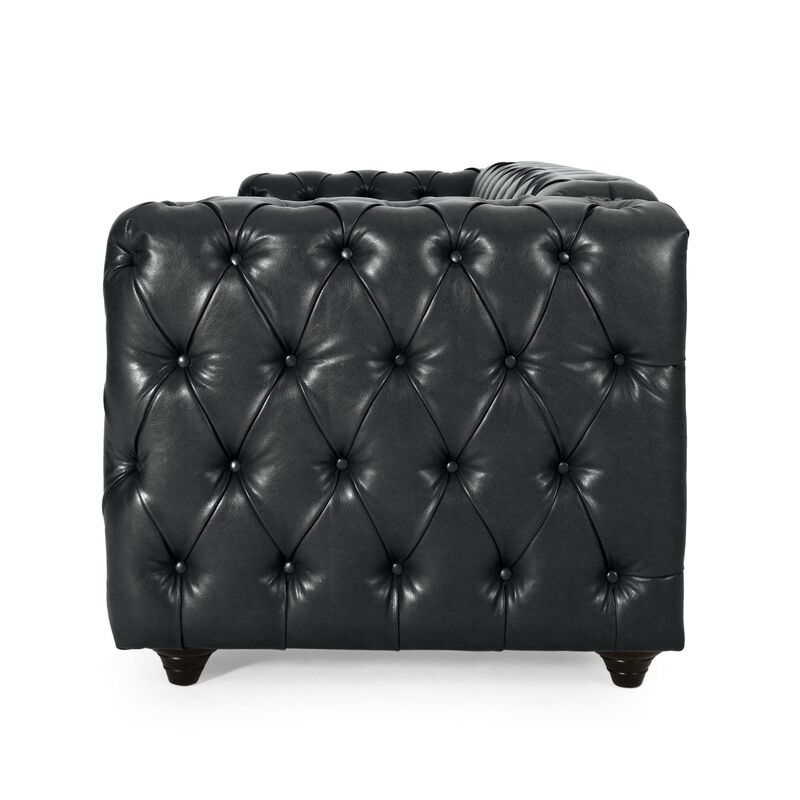 Arlo Sofa, Chesterfield Tufted Black Faux Leather Upholstery