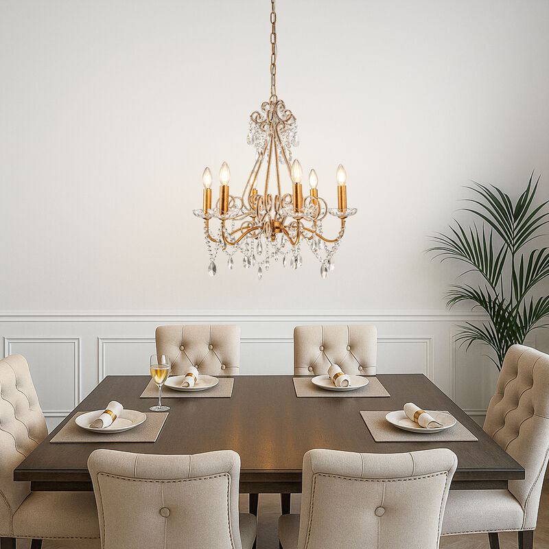 6-Lights Antique Gold Classic Candlestick Chandelier 22'' Mid-century French Style Pendant Light with Crystal Teardrop Beads image number 2