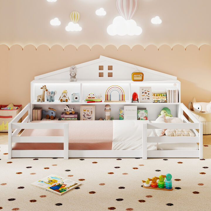 Montessori Kids Floor Bed Frame with Built In Storage and Shelf for Bedroom