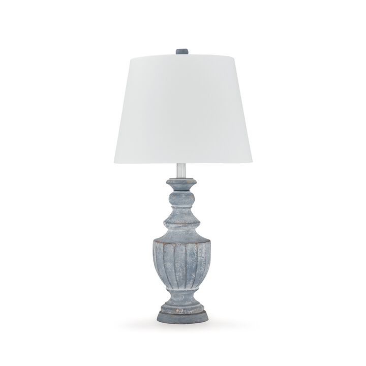 Rick 32 Inch Table Lamp, White Empire Fabric Shade, Turned Blue Terracotta - Benzara