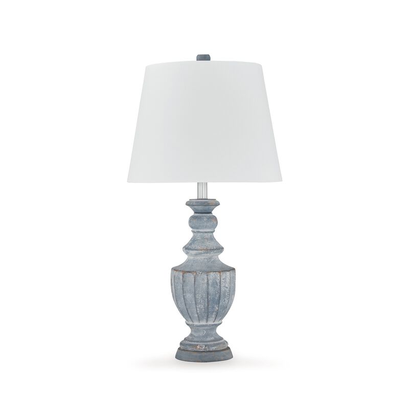 Rick 32 Inch Table Lamp, White Empire Fabric Shade, Turned Blue Terracotta - Benzara