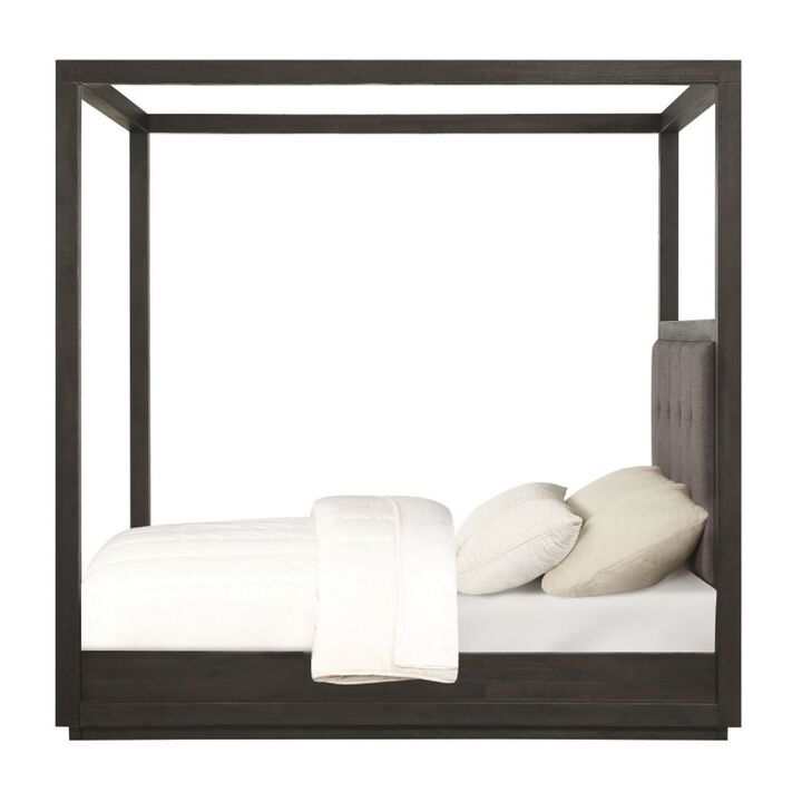 Jose Acacia Wood Tufted Platform Queen Canopy Bed, Dark Heather Gray - Benzara