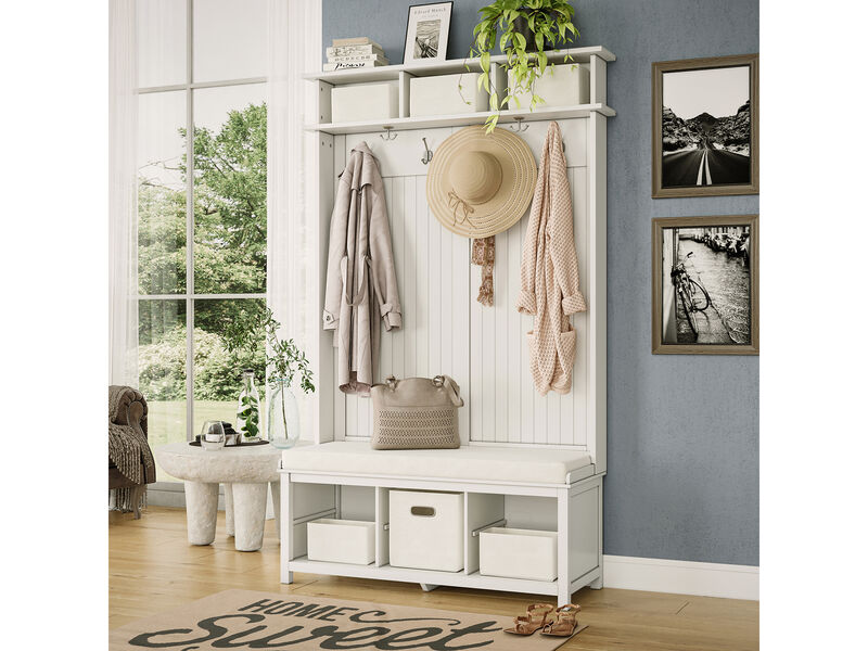 Solid Wood Hall Tree Entryway Bench with 1 Bin & 8 Pair Shoe Dividers