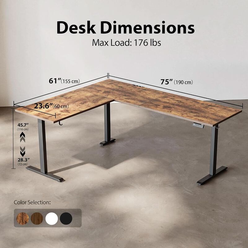 ShipItFurniture L-Shaped Electric Standing Desk 75" x 61" Rustic Brown image number 2
