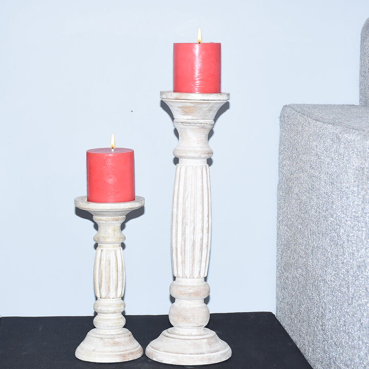 Traditional Antique White Eco-friendly Handmade Mango Wood Set Of Two 9" & 15" Pillar Candle Holder