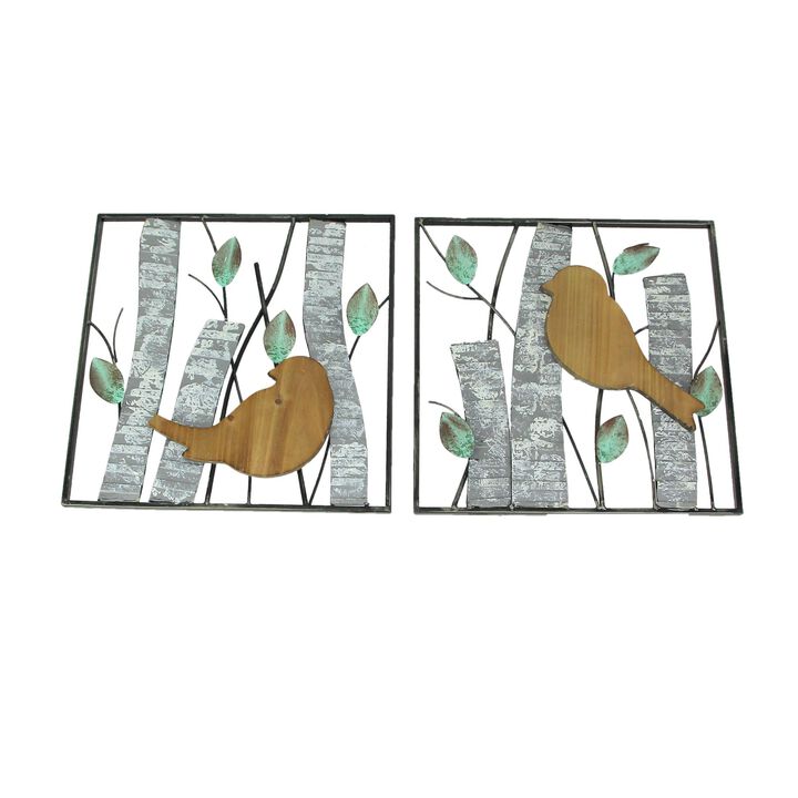 Set / 2 Rustic Green Wood & Metal Leaf Birds & Branches Wall Sculpture Art Decor