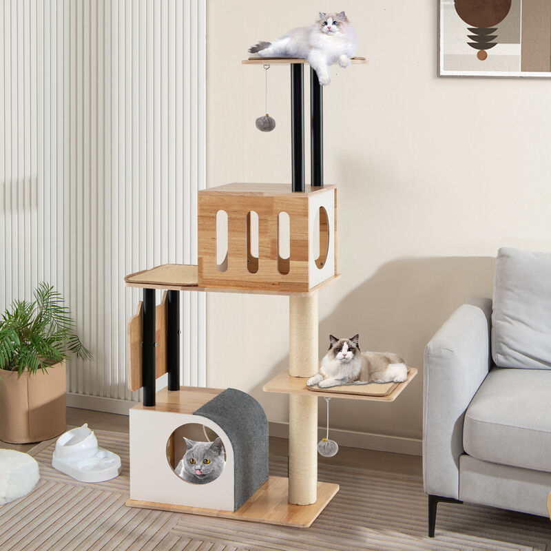 Contemporary Cat Tree with Dual Condos & Sisal Surfaces – Includes Hanging Balls