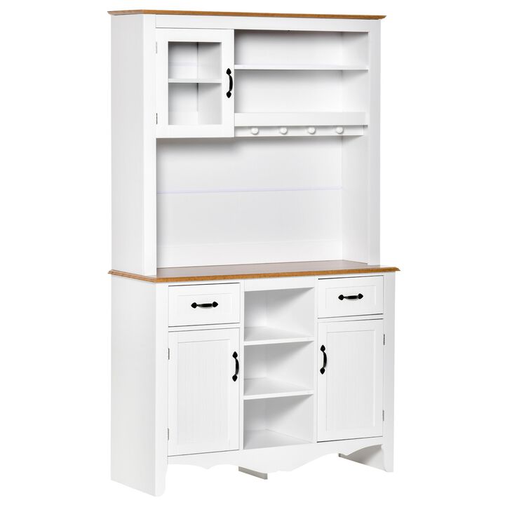 White Kitchen Hutch: 71" Farmhouse Style Buffet with Drawers and Cabinets