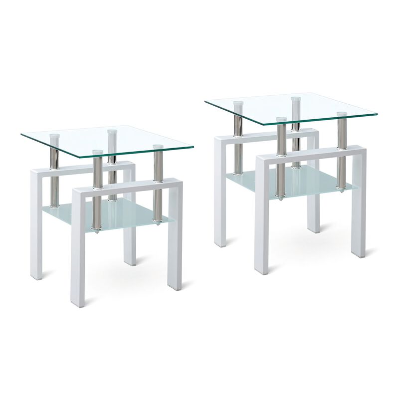 HomeRoots Set of Two Clear and White Glass and Metal Square End Tables With Shelf image number 0