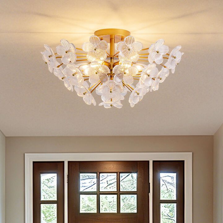 Bibiana Modern 6-Light 22.4" Glam Ribbed Glass Flower Flush Mount - Medium‑gloss Brushed Brass Finish